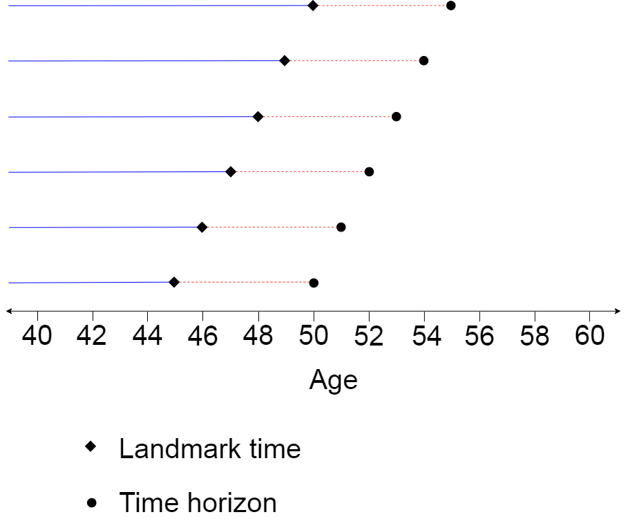 *Figure 1: Illustration of a landmark model with six landmark times (ages 45 to 50 years). The blue solid line represents the time interval of longitudinal (repeat measures) data that feeds into the first stage of the two-stage landmark model. The red dashed line represents the time interval of the time-to-event data to be inputted into the survival model which is the second stage of the landmark model. Events after the time horizon need to be censored within this framework.*